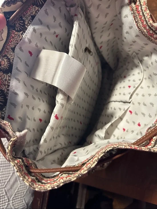 Sakroots Beige & Brown Patterned Canvas Backpack with Pink Accents - Picture 5 of 6